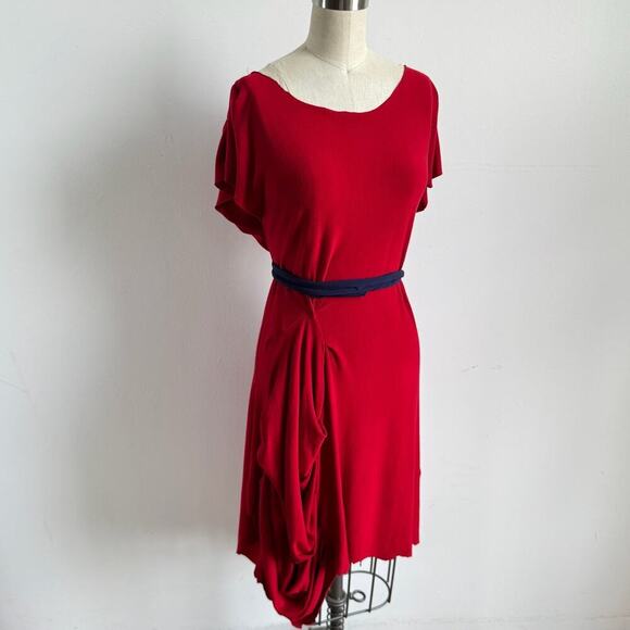 Handmade Red Jersey Asymmetrical Ruched Raw-Edge Dress - Picture 1 of 7